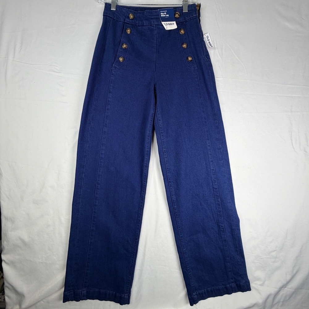 Old Navy Sky-Hi Wide Leg Sailor Pants Extra High Rise Navy Blue Stretch Denim 0